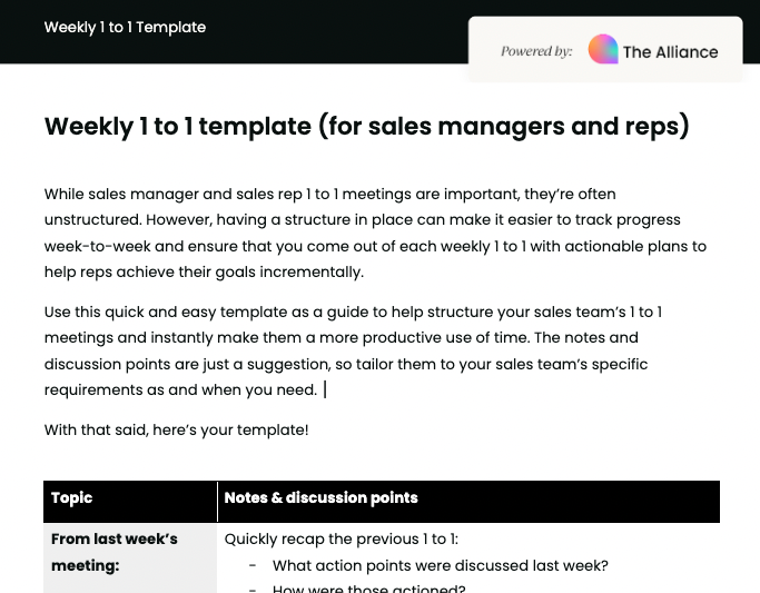 Weekly 1-to-1 template for sales reps and managers