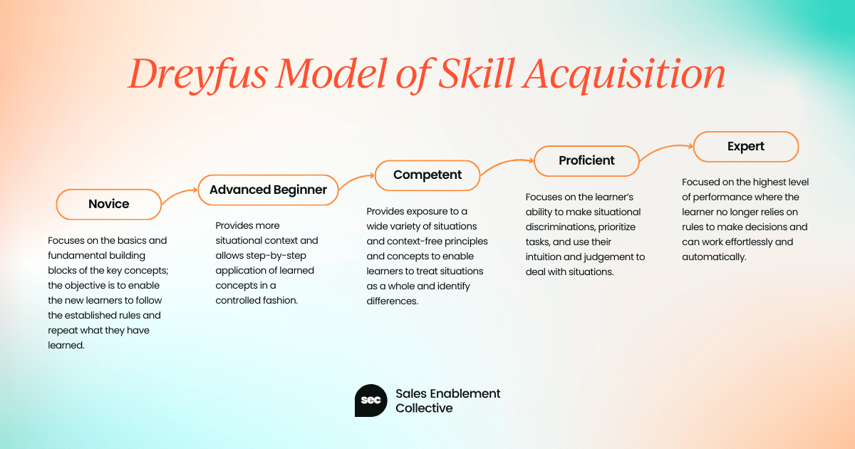 Drefus model of skill aquisition. Novice -> Advanced Beginner -> Competent -> Proficient -> Expert