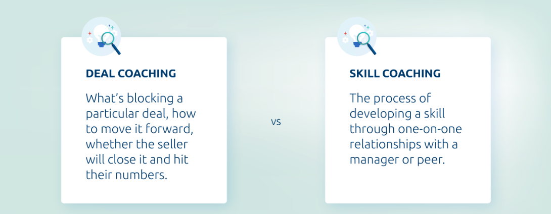 Deal coaching: what's blocking a particular deal, how to move it forward, whether the seller will close it and hit the numbers. VS skill coaching: The process of developing a skill through one-on-one relationships with a manager or a peer. 