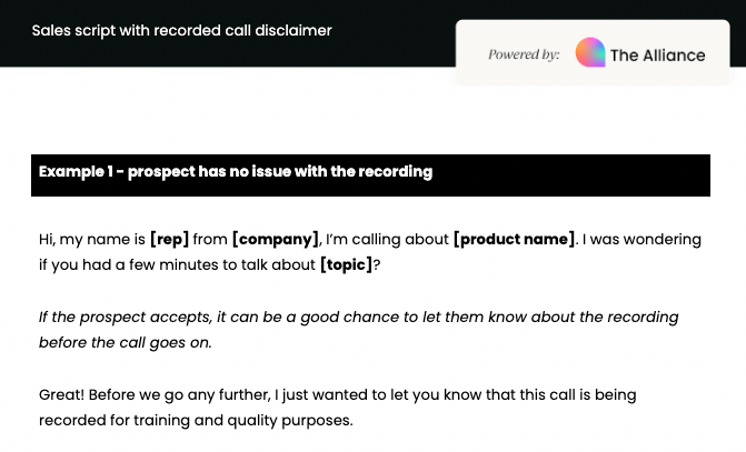 recorded sales call disclaimer script