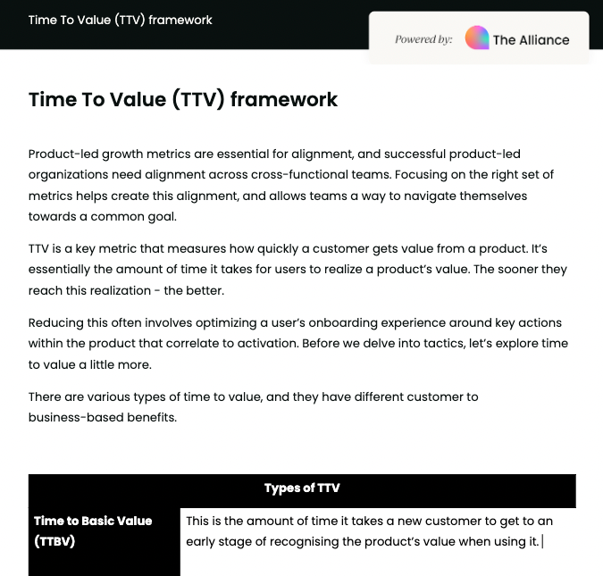 time to value (TTV) framework template